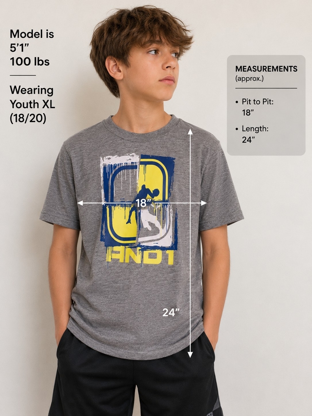 4 for $25 AND1 Youth Gray Graphic Tee Size XL 14/16